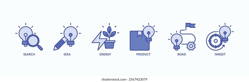 Path To Innovation Icon Set Isolated Vector Illustration Concept With Icon Of Search, Idea, Energy, Product, Road, Target In Blue Style