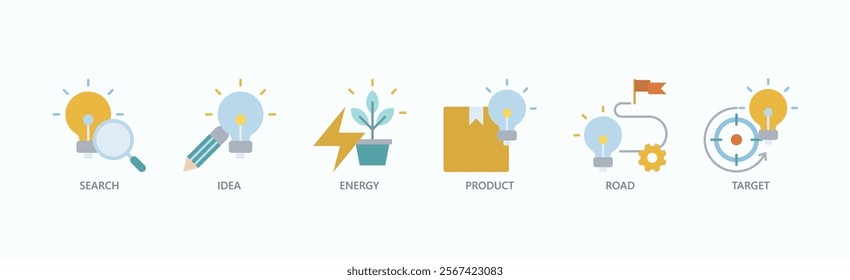 Path To Innovation Icon Set Isolated Vector Illustration Concept With Icon Of Search, Idea, Energy, Product, Road, Target In Flat Style