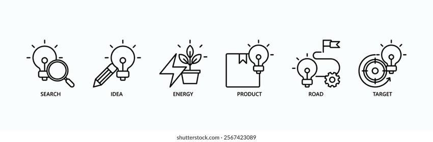 Path To Innovation Icon Set Isolated Vector Illustration Concept With Icon Of Search, Idea, Energy, Product, Road, Target In Outline Style