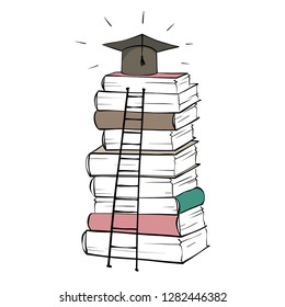 The path to knowledge. A large stack of books with stairs up, the path to higher education. Vector illustration.