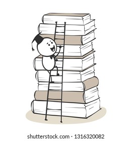 The path to knowledge. A large stack of books, funny man climbing the ladder. Vector illustration.