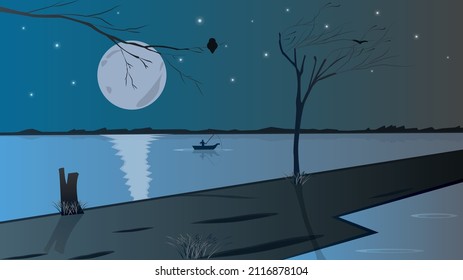 Path and lake in the moonlight. Starry sky and a fisherman on a boat. Trees in the night light and alone owl 