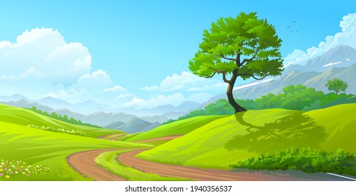 A path from the lawn to the meadows with beautiful flowers, bushes on the side, a magnificent tree, and mountains in the background. 