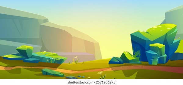 A path leading along the slope. From the top of the cliff, a panoramic view of the mountain landscape opens. Warm summer sunny day. Vector illustration.