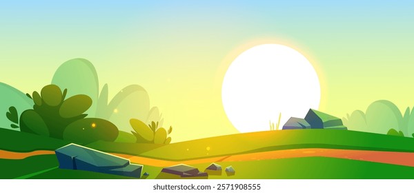 A path leading along the slope. From the top there is a panoramic view of the sunset. Warm summer sunny fairy evening. Vector illustration, cartoon