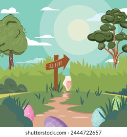 Path leading to a lush grassy field, adorned with hidden treasures. Easter landscape illustration 