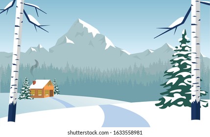 Path Leading to Solitary House in Deep Snow with Smoke Twisting from Chimney. Bare Birches, Green Fir Trees Covered with Fluffy Snow. White Winter Landscape. Mountains with Snowy Peaks in Background.