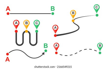 Path with location pins. Distance from one point to another. Road route. Curve route. Vector set.