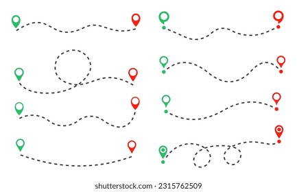 Path with location pins. Dotted distance from one point to another. Road route. Curve route. Vector set.