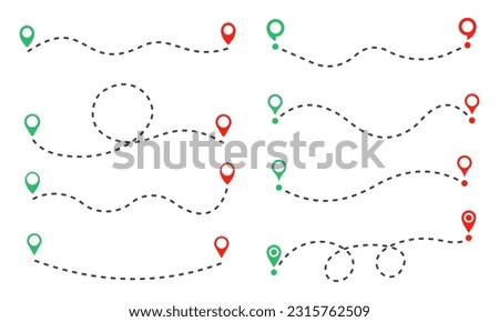 Path with location pins. Dotted distance from one point to another. Road route. Curve route. Vector set.
