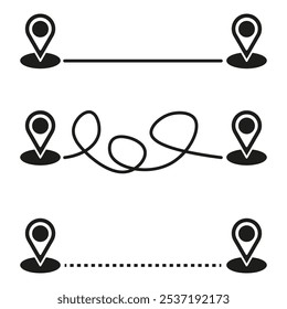 Path marker icons. Line navigation symbols. Vector directional lines. Black and white design.