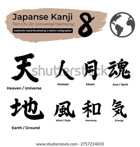 The Path to Mastery: 6 Zen and Samurai Kanji Symbols - Authentic Japanese Brush Vector (Ultimate, Focus, Energy, Ambition, Honor)
