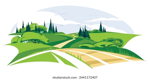 Un camino en medio de un campo verde. Naturaleza ambiente recreación y concepto de viaje. Horizonte de cielo azul. Aventuras de primavera y verano. Ilustración plana del vector