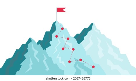 Path in mountain. Success journey with goal in destination. Challenge for leaders growth. Flag in peak of progress. Top target in career. Route and plan for sport, business climb achievement. Vector.