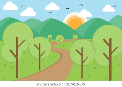The path to the mountains Background wallpaper for kids. Vector illustration flat design.