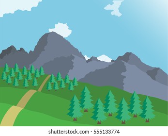 The path to the mountains, green landscape, hills, trees, blue sky with clouds - Vector