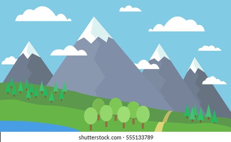 The path to the mountains, green landscape, hills, lake, trees, blue sky with clouds, snow - Vector