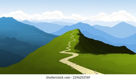 A path in the mountains. A panoramic view of the mountain peaks. Tourism, an expedition, a hike in the mountains, a walk along a mountain range. Summer landscape. Vector illustration. svg