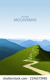 Un camino en las montañas. Silhouettes de montañas en el horizonte. Escalando hacia arriba. El turismo, una expedición, una caminata por las montañas, una caminata por una cordillera. Ilustración vectorial.