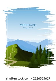 Un camino en las montañas. Silhouettes de montañas en el horizonte. Escalando hacia arriba. El turismo, una expedición, una caminata por las montañas, una caminata por una cordillera. Portada, banner, diseño postal.