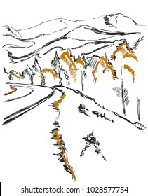 A path in the mountains sketch. Background with forest and hill
