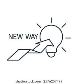 Path to a new idea. Process inventing business  innovations. Vector linear icon isolated on white background.