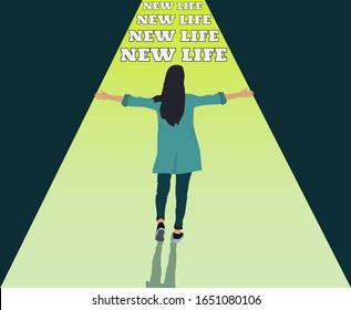 The path to a new life, a new life choice. A girl chooses a road, starts a different path, begins to change her life. Vector illustration.