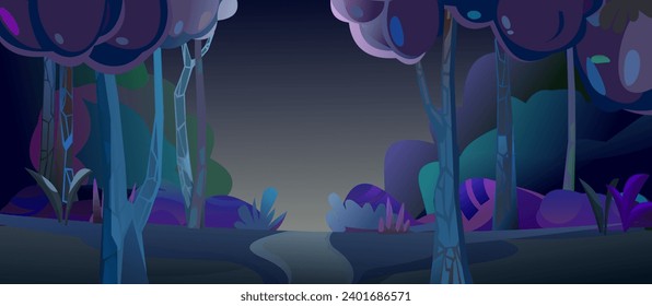 Path in night forest. View of trees. Scenery Landscape. Fun cartoon style. Vector