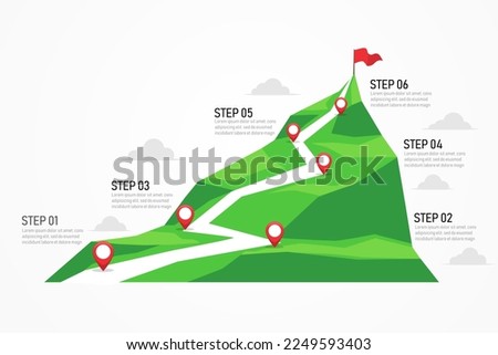 Path on mountain infographic to success. Six step mountain. Business strategy and target. climbing route to goal. business and achievement concept. red flag on top. vector illustration.