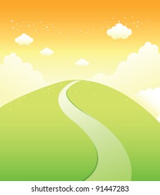 Pfad über grüne Berge und Himmel
