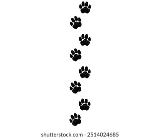 A path of paw prints of pets, dog or cat. Isolated illustration in grunge style on white background. Vector illustration.