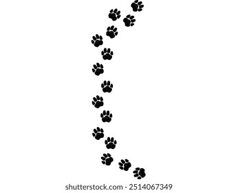 Un camino de huellas de patas de mascotas, perro o gato. Ilustración vectorial dibujada con tiza o carbón sobre fondo blanco.