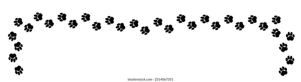 A path of paw prints of pets, dog or cat. Isolated illustration drawn in charcoal or pencil on white background. Vector illustration.