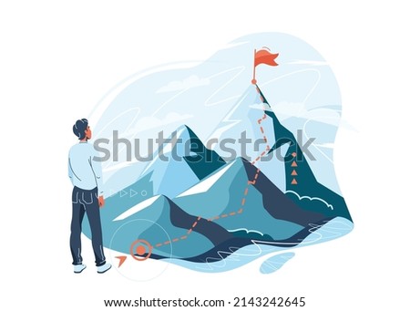 Path of person success on mountains background isolated on white. Man stand, look up to the goal, back view. Mountain climbing progress route to peak in flat simple style. Business journey vector.