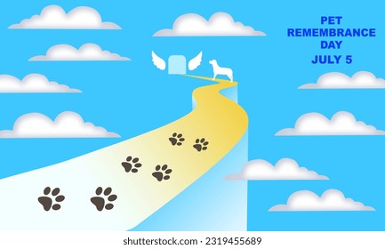 a path and pet dog footprints leading to heaven's door with left and right clouds. commemorate Pet Remembrance Day on July 5
