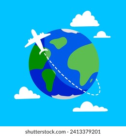 The path plane, airplane route. Abstract earth and airplane flight around the world. vector illustration