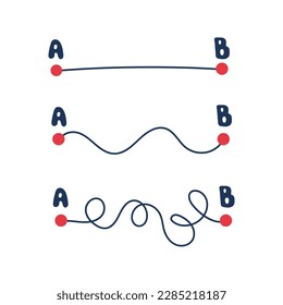 The path from point A to point B, different options, scenario of the development of events. Flat vector illustration