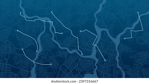 The path from a point to the intended goal, destinations, signs. roads throughout map. Navigation mapping technology for obtaining data on distance and turns of the path. location tracks dashboard