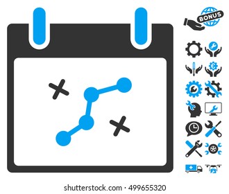 Path Points Calendar Day icon with bonus tools images. Vector illustration style is flat iconic symbols, blue and gray, white background.