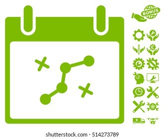 Path Points Calendar Day icon with bonus tools images. Vector illustration style is flat iconic symbols, eco green, white background.