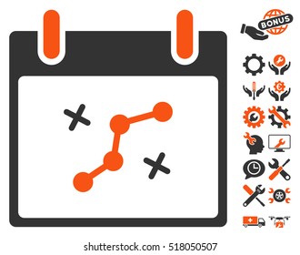 Path Points Calendar Day icon with bonus service pictograms. Vector illustration style is flat iconic symbols, orange and gray, white background.