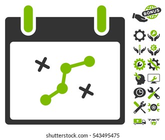 Path Points Calendar Day icon with bonus service pictures. Vector illustration style is flat iconic symbols, eco green and gray, white background.