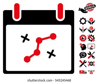 Path Points Calendar Day icon with bonus service images. Vector illustration style is flat iconic symbols, intensive red and black, white background.