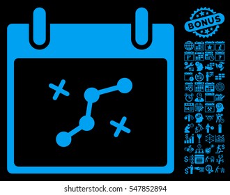 Path Points Calendar Day icon with bonus calendar and time management icon set. Vector illustration style is flat iconic symbols, blue, black background.
