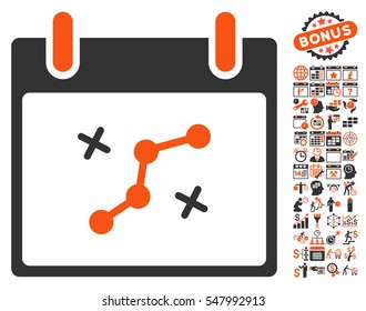 Path Points Calendar Day icon with bonus calendar and time management graphic icons. Vector illustration style is flat iconic symbols, orange and gray, white background.