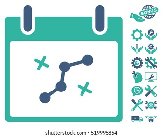 Path Points Calendar Day pictograph with bonus settings images. Vector illustration style is flat iconic symbols, cobalt and cyan, white background.