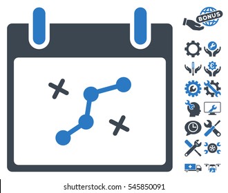 Path Points Calendar Day pictograph with bonus settings design elements. Vector illustration style is flat iconic symbols, smooth blue, white background.