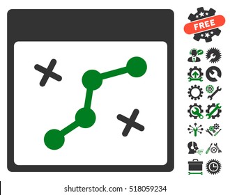Path Points Calendar Page icon with bonus tools graphic icons. Vector illustration style is flat iconic symbols, green and gray, white background.