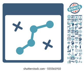 Path Points Calendar Page icon with bonus calendar and time management images. Vector illustration style is flat iconic symbols, cyan and blue, white background.