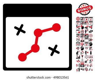 Path Points Calendar Page pictograph with bonus calendar and time management symbols. Vector illustration style is flat iconic symbols, intensive red and black, white background.